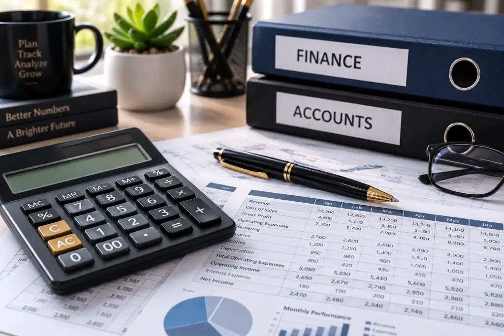 Calculator, pen, and financial spreadsheet representing bookkeeping content writing