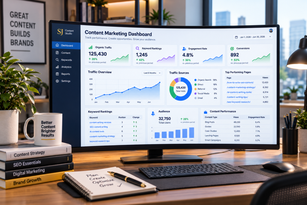 Content marketing analytics dashboard displaying organic traffic, keyword rankings, engagement, conversions, and content performance on a large office monitor.