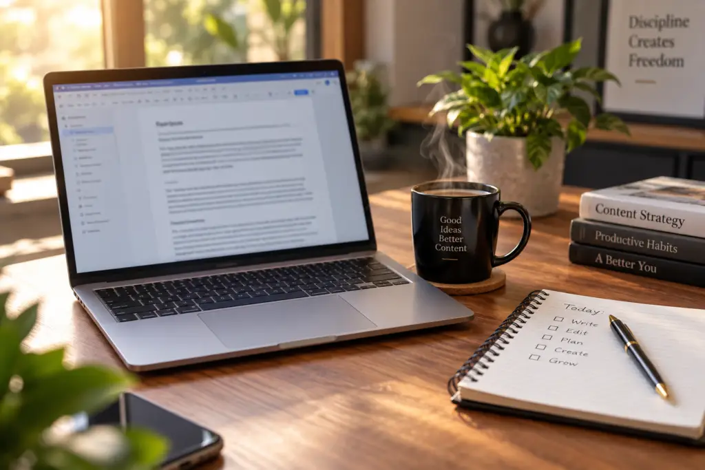 Laptop, notepad, and pen on a desk representing professional content writing services