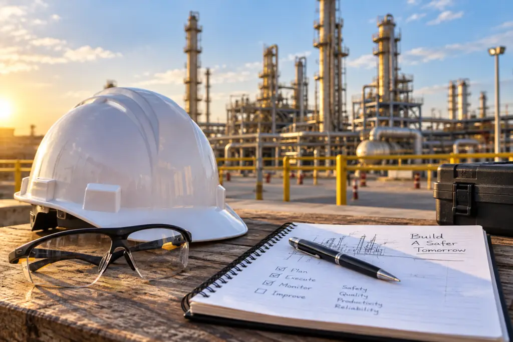 Hard hat and safety glasses on a notebook at an industrial facility representing industrial blog writing
