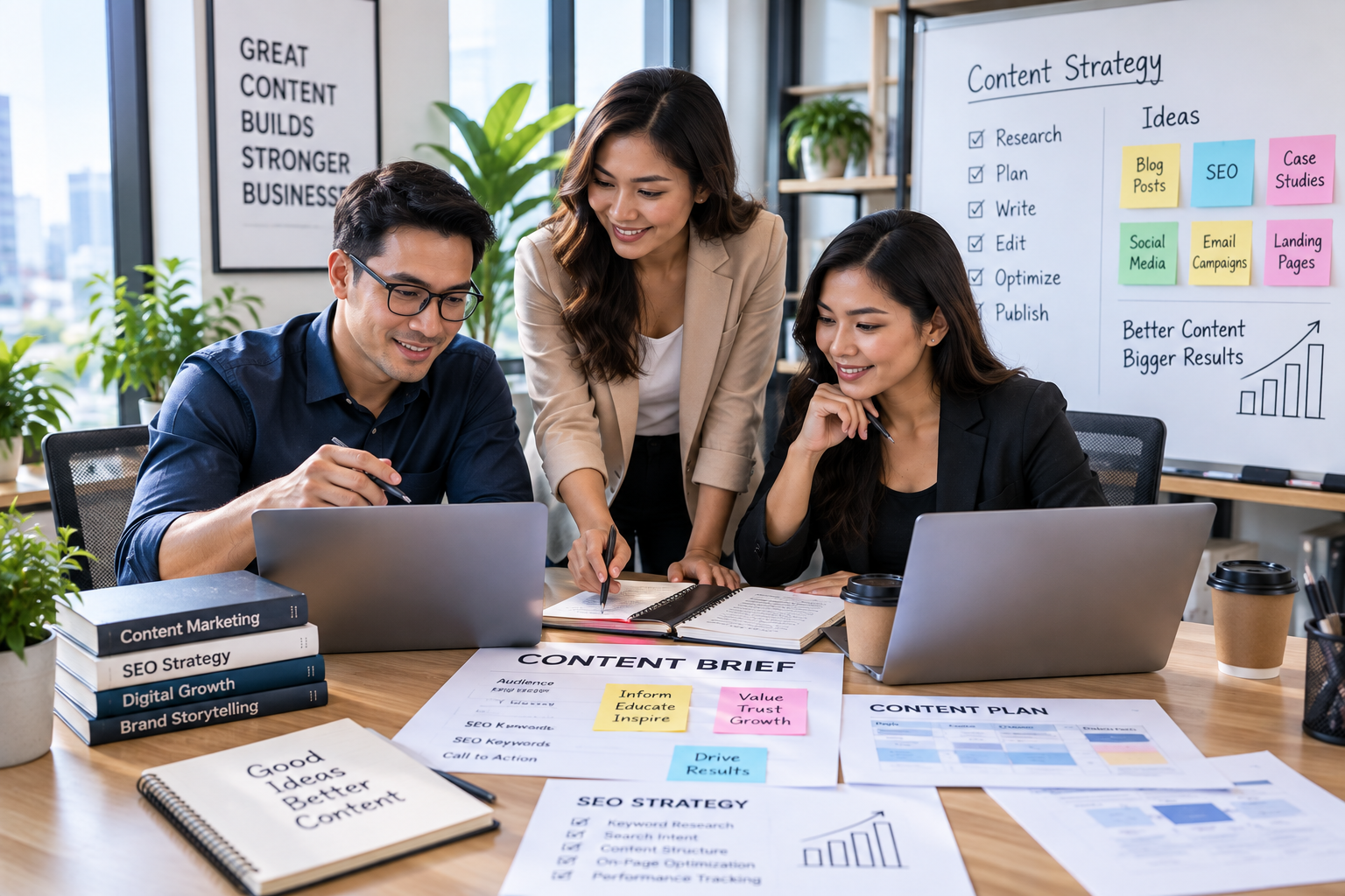 Three marketing professionals collaborating on content strategy with laptops, content briefs, and planning notes in a modern office.