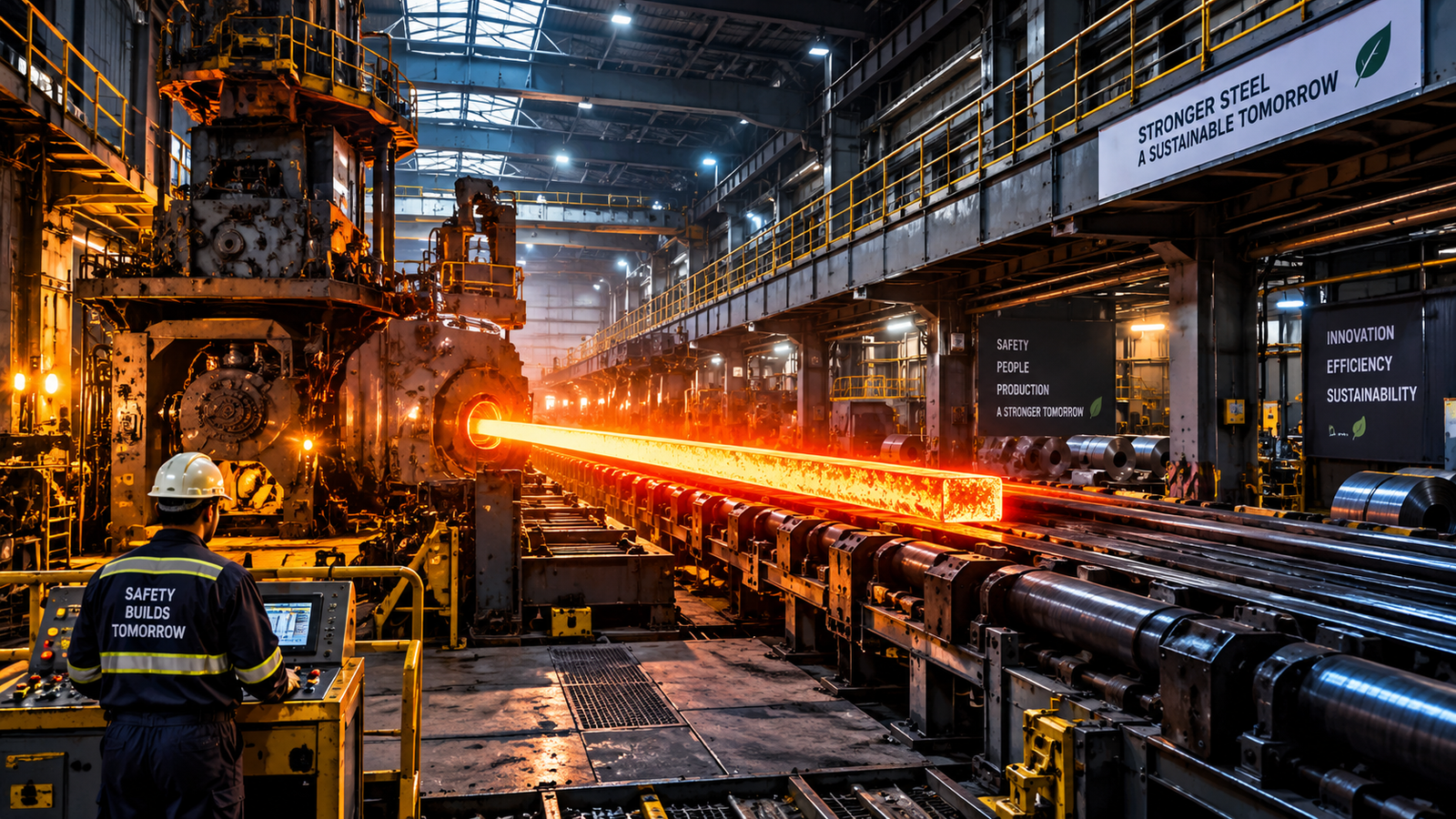 Steel mill production line with hot steel billet representing sustainable steel manufacturing