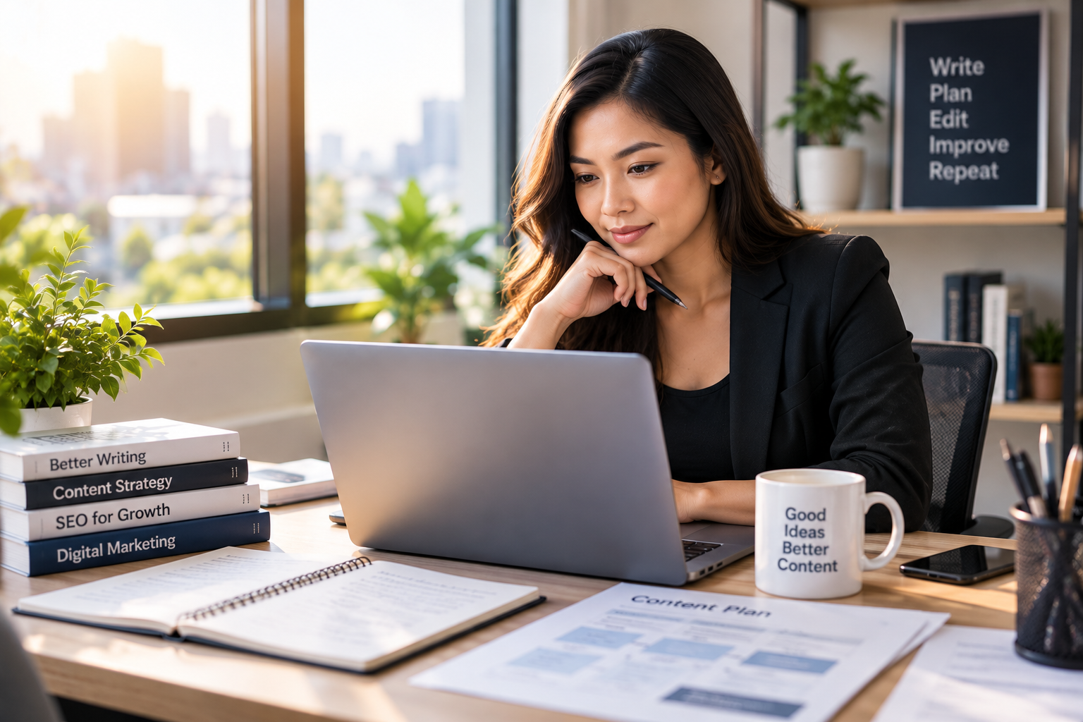 Professional content writer reviewing written content on a laptop at a modern office desk.